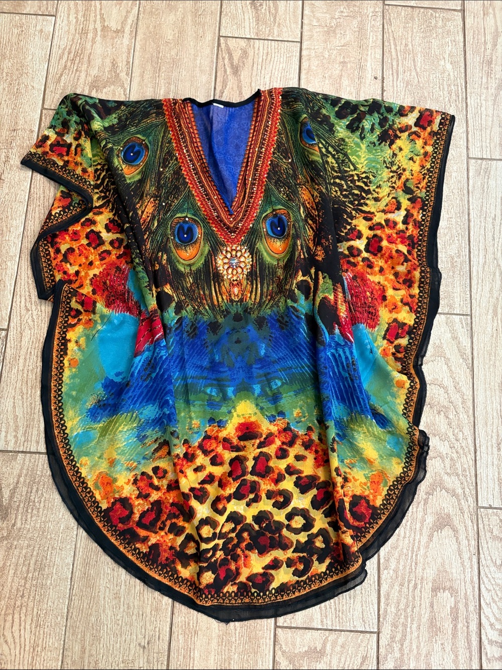 Peacock-Print Multicolor V-Neck Kaftan Tunic